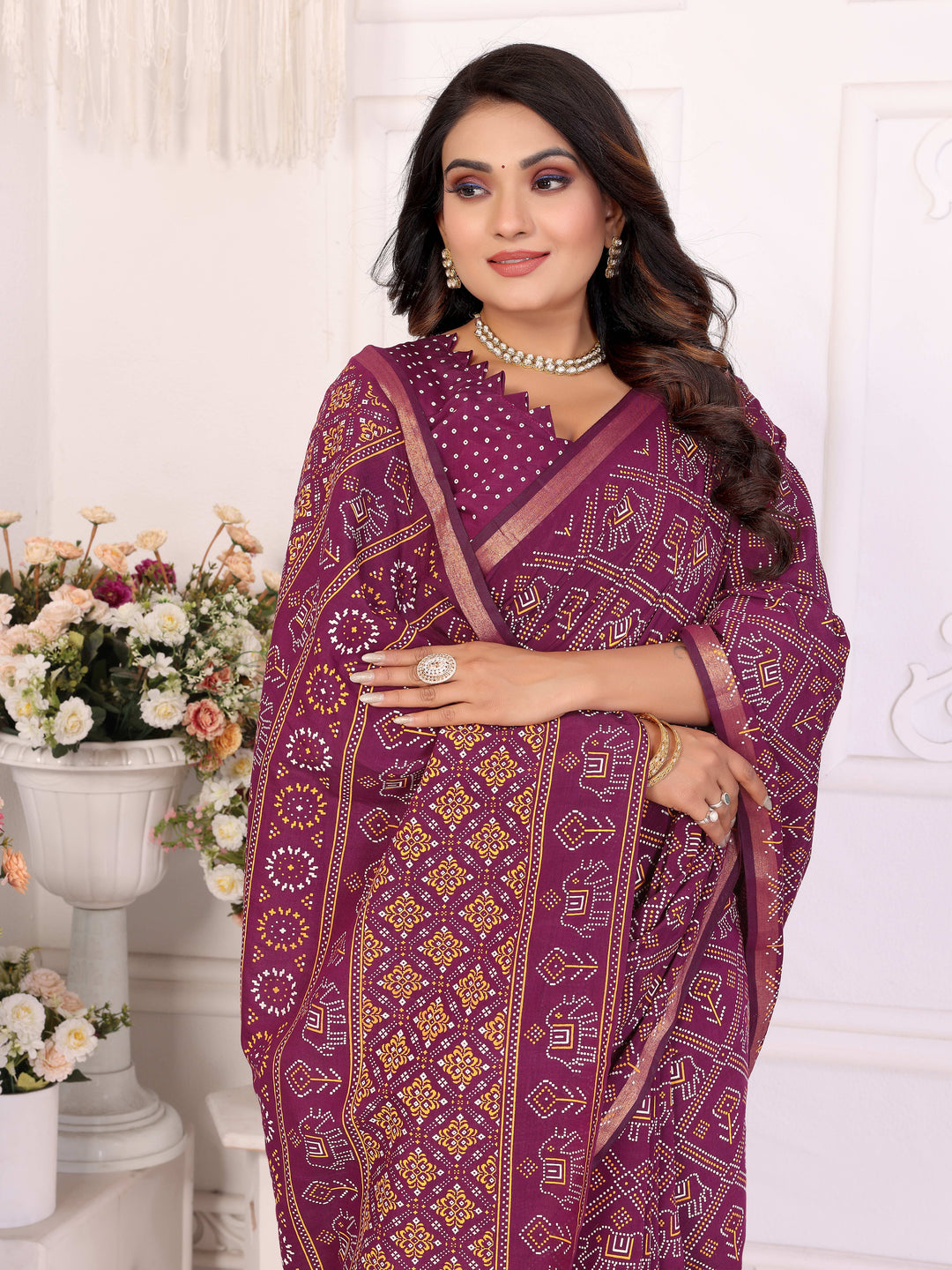 Purple Ambika Pure Patola And Bandhej Pattern Soft Cotton Light Weight Saree