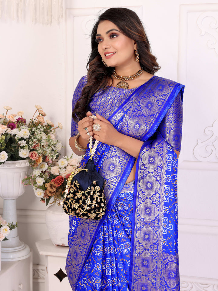 Blue Samshira Soft Satin Silk Bandhej Print Saree With Zari Border Design And Having Rich Pallu