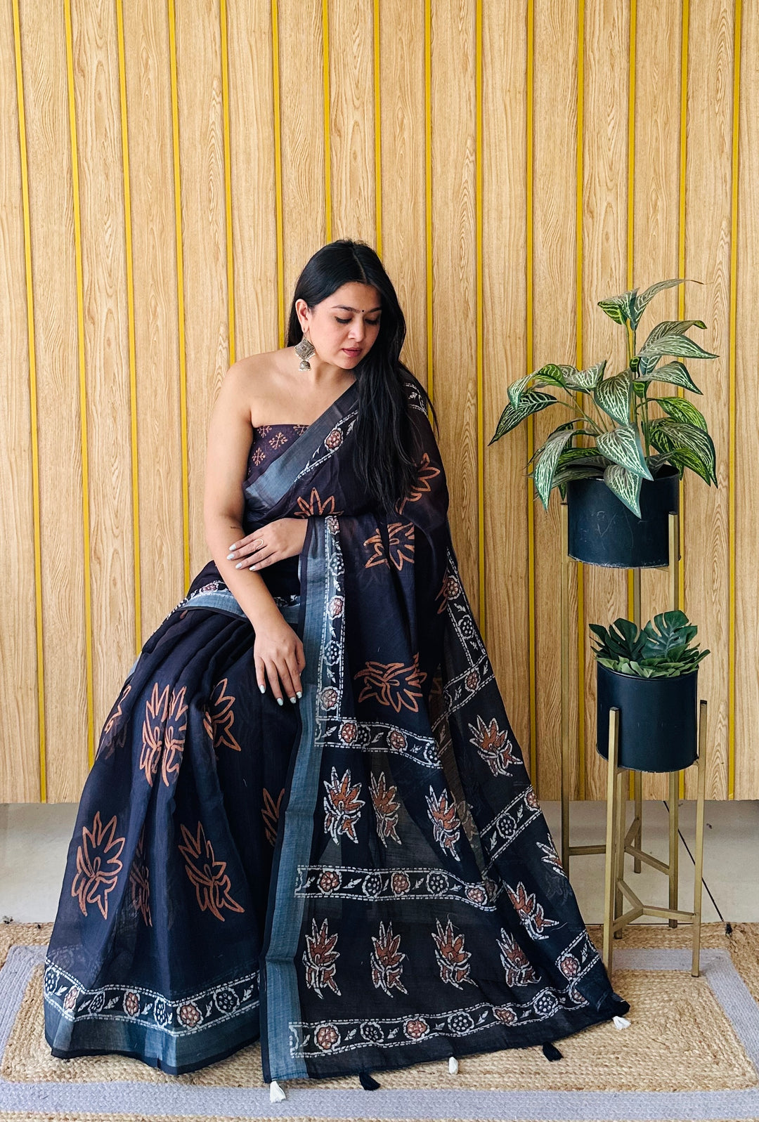 Black And Orange Aarya-2 Soft Linen Cotton Digital Print Sarees With Batik Print With Silver Border