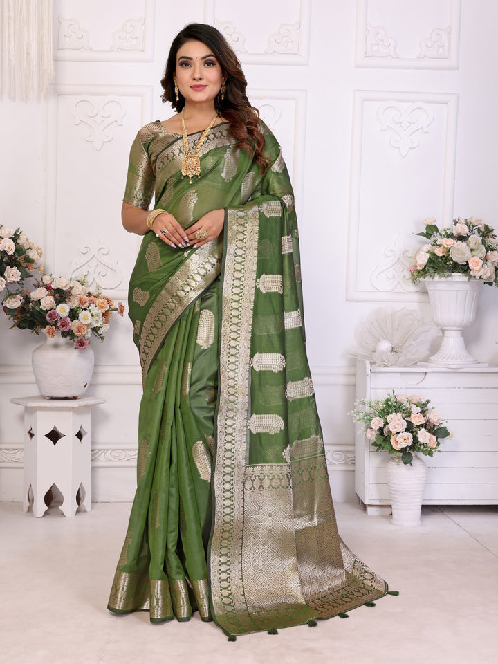 Parrot Green Vanshika Soft Organza Silk Banarasi Saree With Unique Butta With Unique Colours