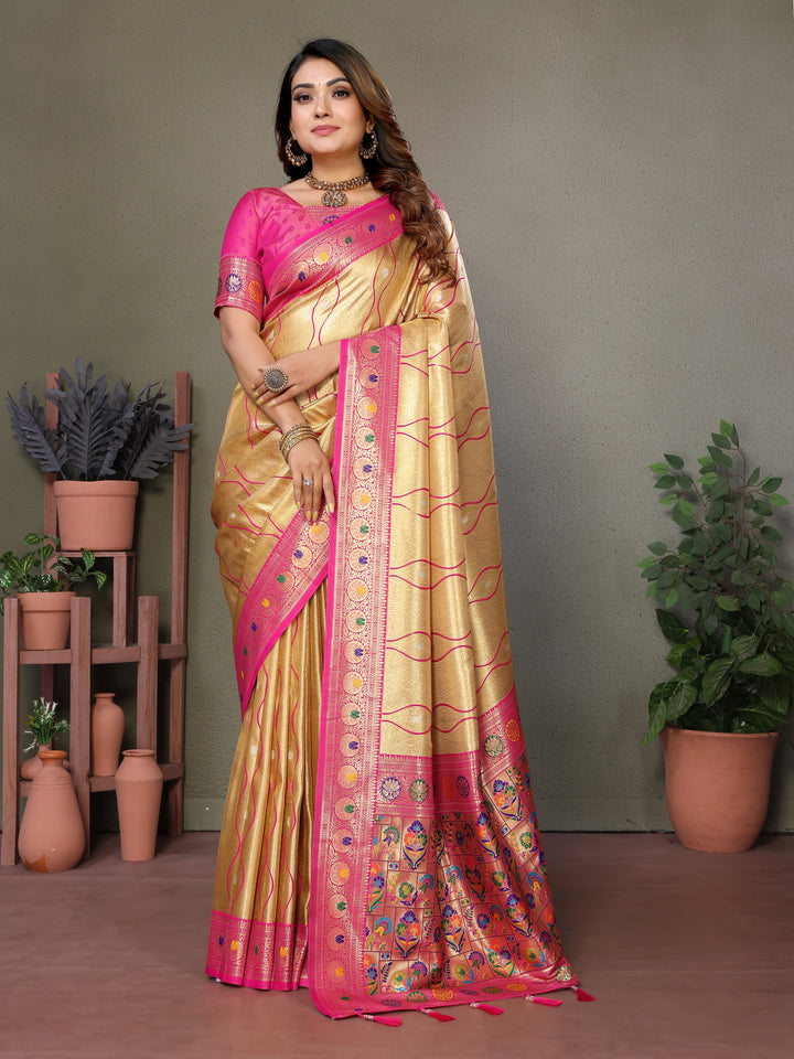Yellow-Pink Vasant Banarasi Tissue Silk Saree With Laheriya Woven Borders & Contrast Banarasi Pallu