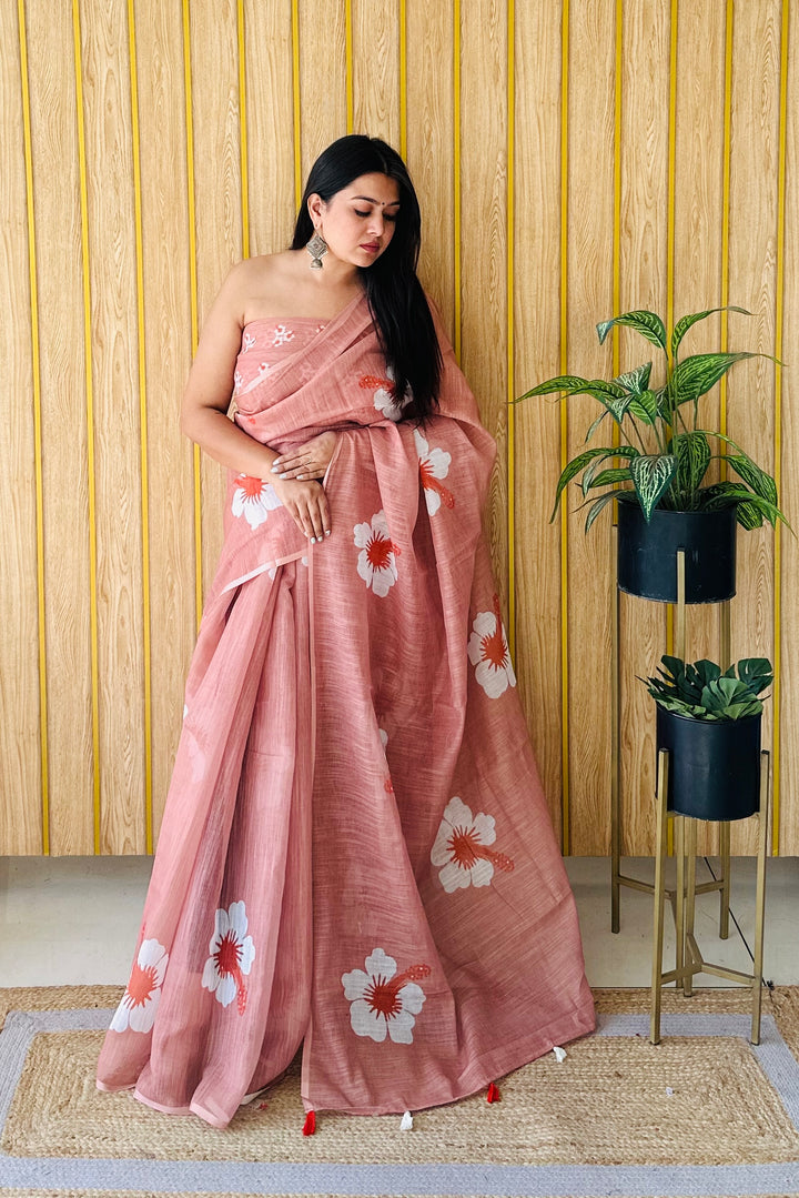 Orange Champa-2 Soft Linen Cotton Digital Print Sarees With Flower Print & Printed Pallu