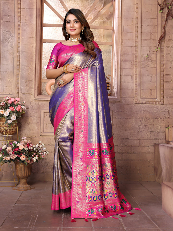 Blue Vimala Banarasi Silk Saree With Contrast Paithani Woven Borders & Pallu
