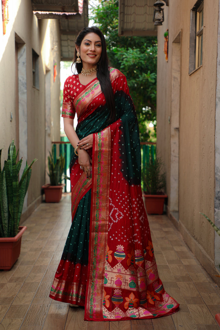 Dark Green Swastik Pure Bandhej Silk Saree With Minakari Border Kalash & Swastik Design Rich Pallu Saree