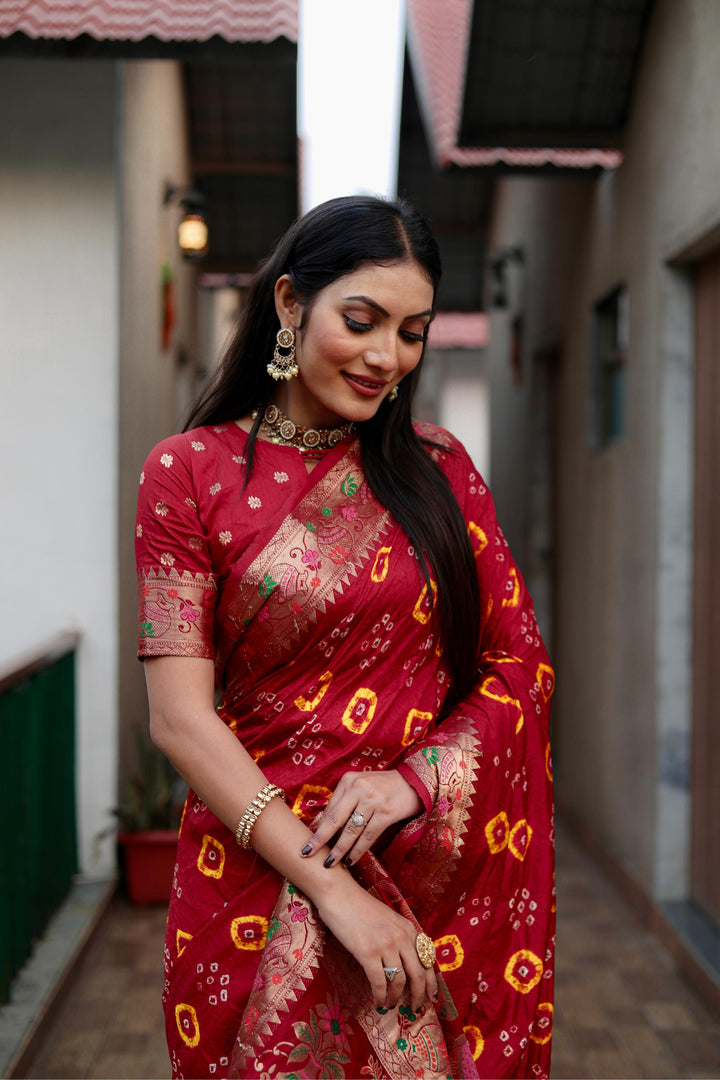 Red Kalash Pure Bandhej Silk Saree With Matka Border Zari Weaving Rich Pallu