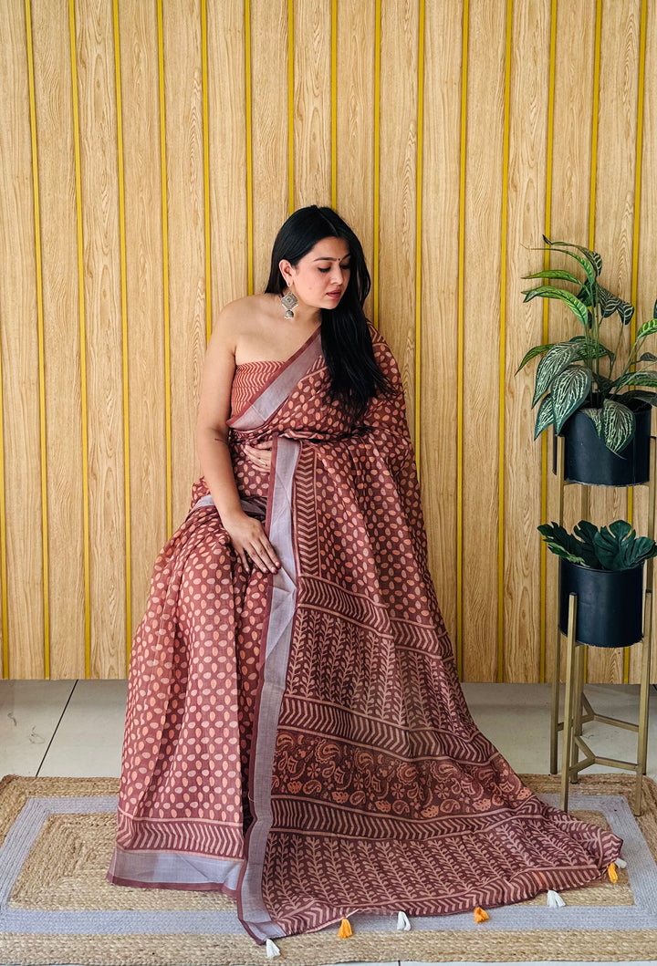 Brown Shukriya Soft Linen Cotton Digital Print Saree With Batik Print With Silver Border
