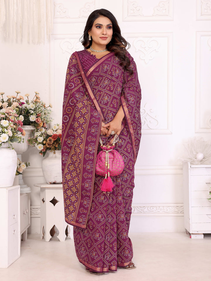Purple Ambika Pure Patola And Bandhej Pattern Soft Cotton Light Weight Saree