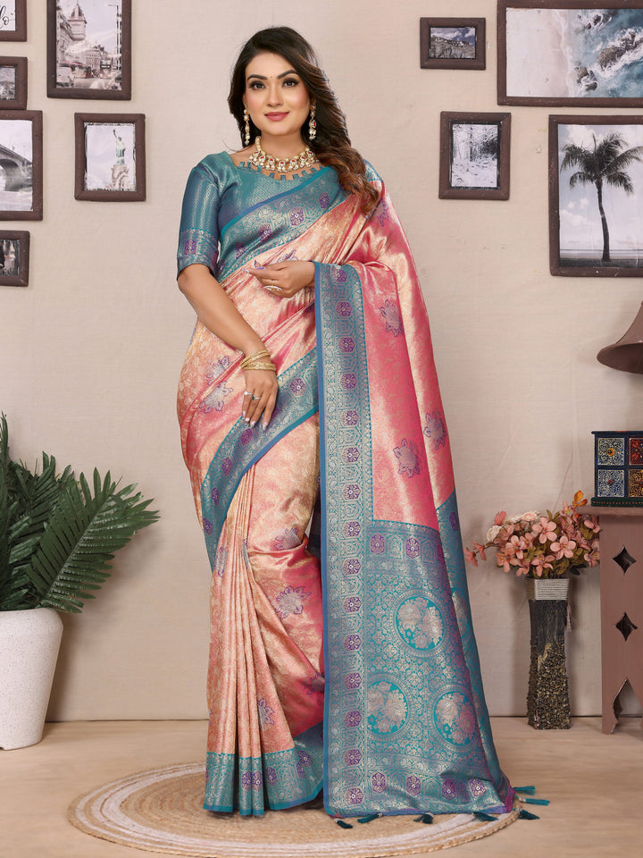 Pink Saroj Banarasi Silk Saree With Contrast Paithani Woven Borders & Pallu
