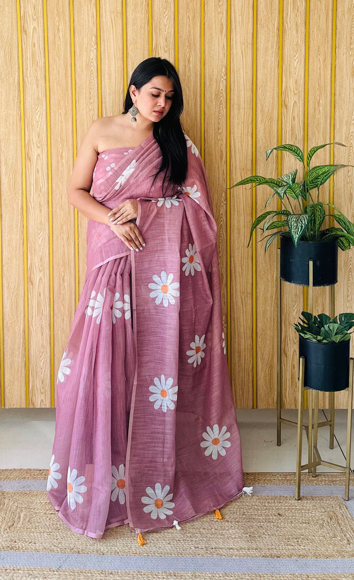 Light Pink Champa-1 Soft Linen Cotton Digital Print Sarees With Flower Print & Printed Pallu