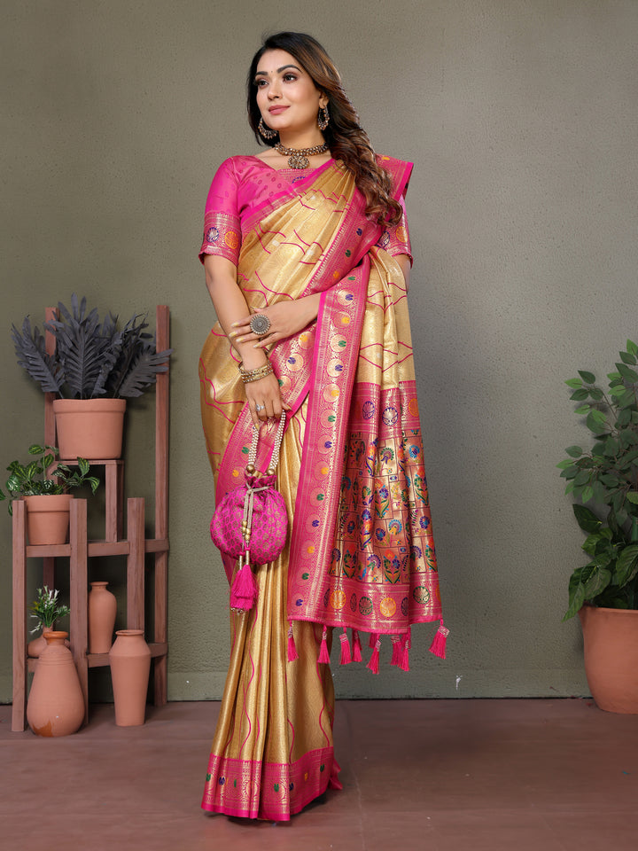 Yellow-Pink Vasant Banarasi Tissue Silk Saree With Laheriya Woven Borders & Contrast Banarasi Pallu