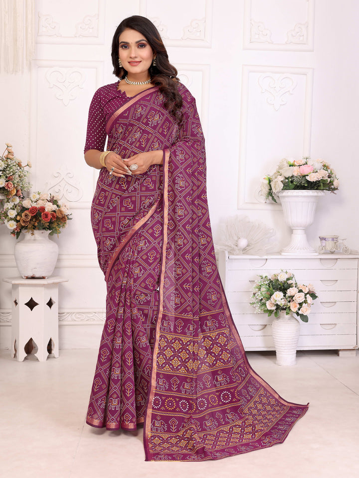 Purple Ambika Pure Patola And Bandhej Pattern Soft Cotton Light Weight Saree