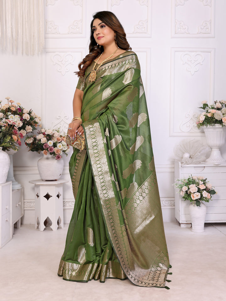 Parrot Green Vanshika Soft Organza Silk Banarasi Saree With Unique Butta With Unique Colours