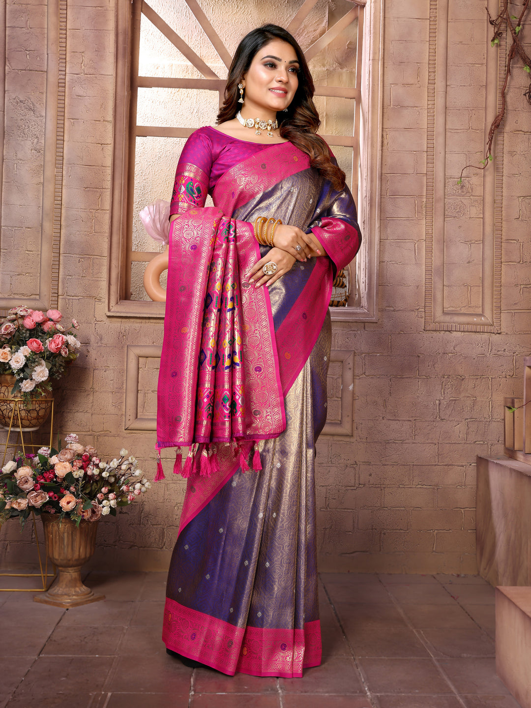 Blue Vimala Banarasi Silk Saree With Contrast Paithani Woven Borders & Pallu