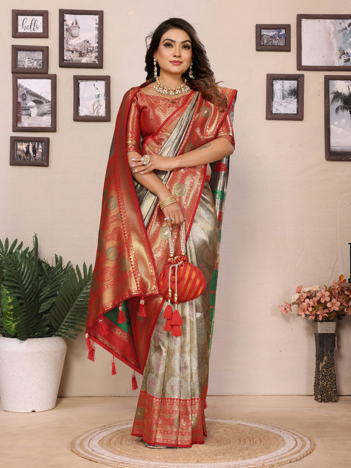 Gray Sonali Banarasi Silk Saree With Contrast Paithani Woven Borders & Pallu