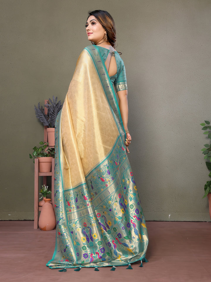 Cream Mrudangi Pure Banarasi Tissue silk sarees contrast Paithani woven border classic pallu