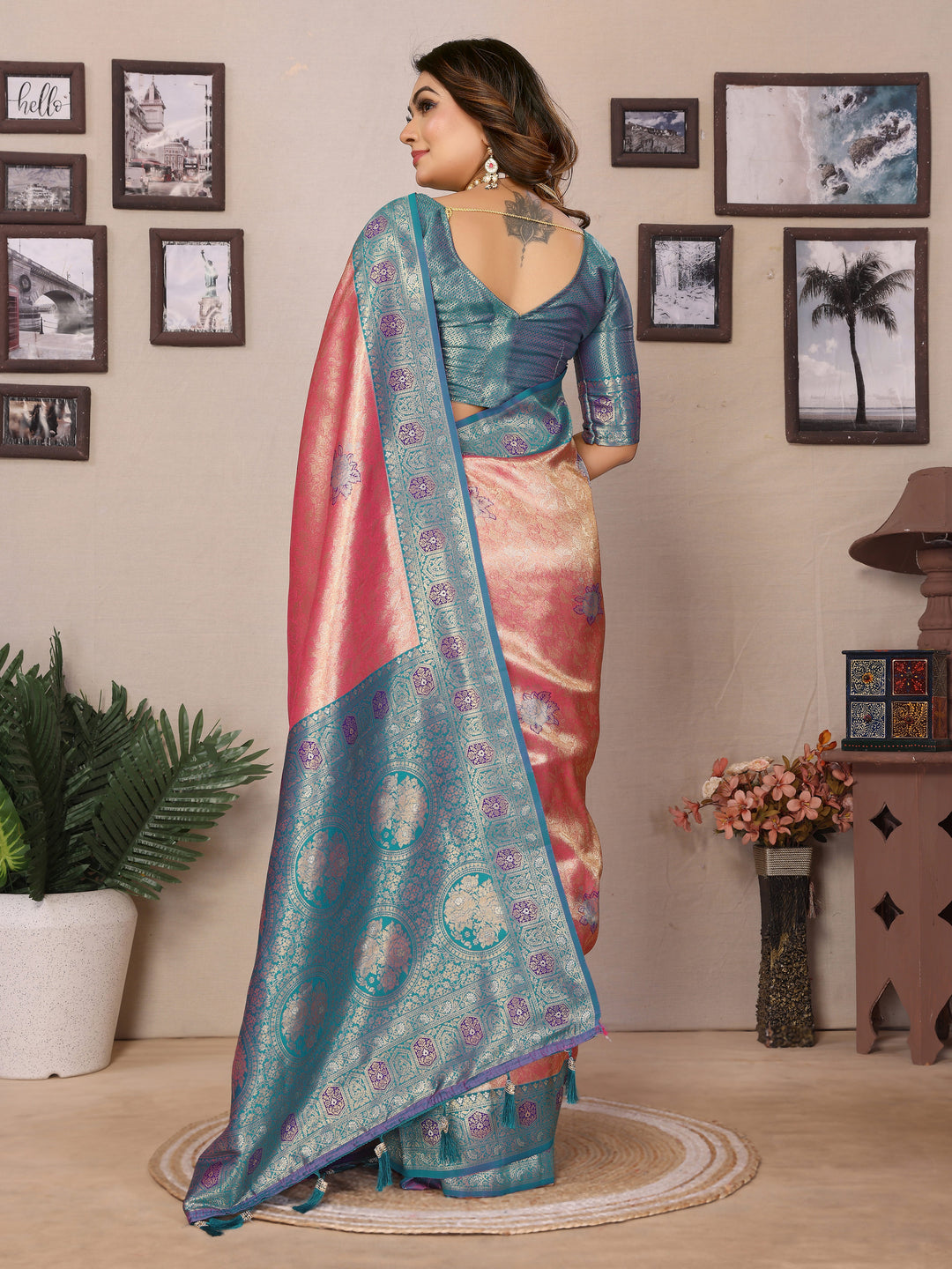 Pink Saroj Banarasi Silk Saree With Contrast Paithani Woven Borders & Pallu