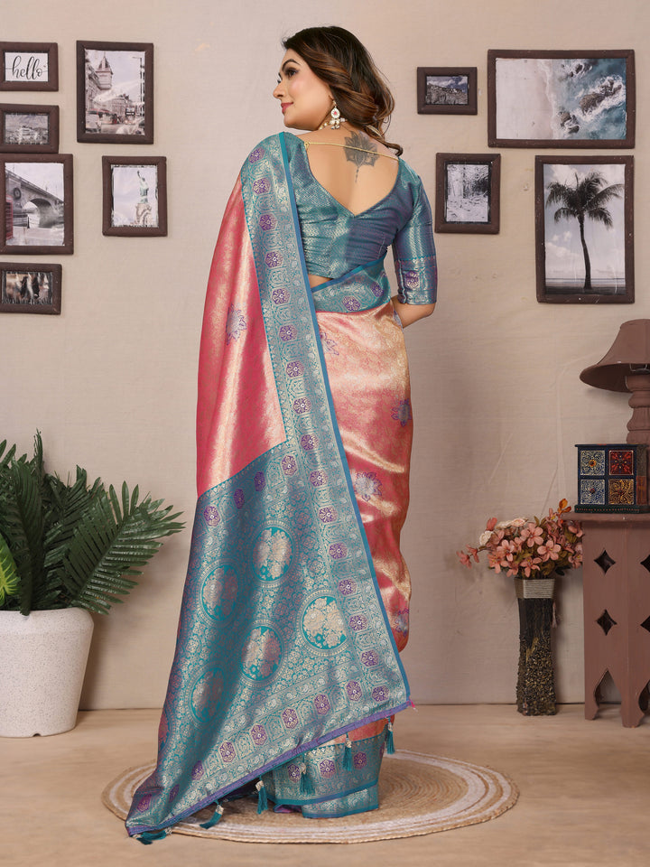 Pink Saroj Banarasi Silk Saree With Contrast Paithani Woven Borders & Pallu