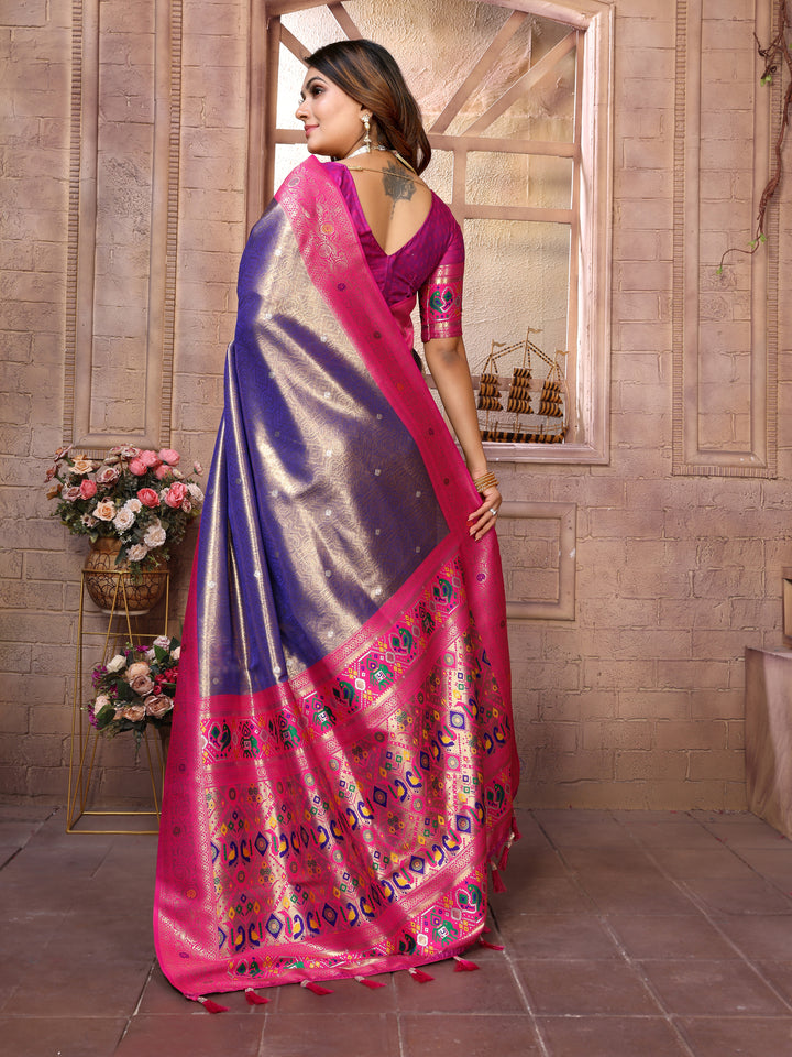 Blue Vimala Banarasi Silk Saree With Contrast Paithani Woven Borders & Pallu