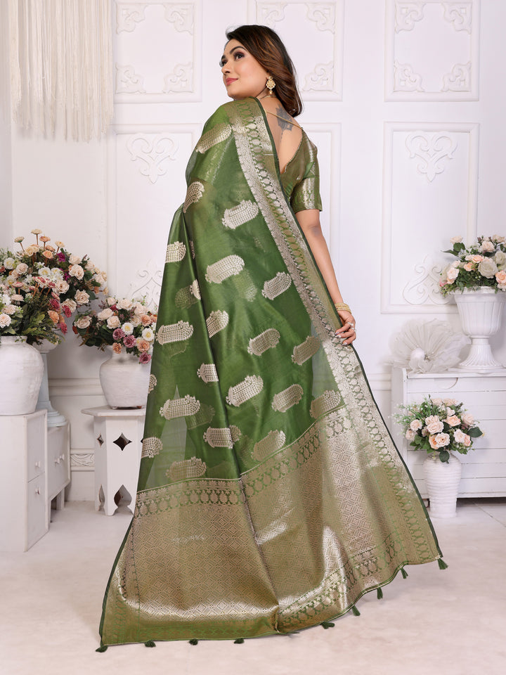 Parrot Green Vanshika Soft Organza Silk Banarasi Saree With Unique Butta With Unique Colours