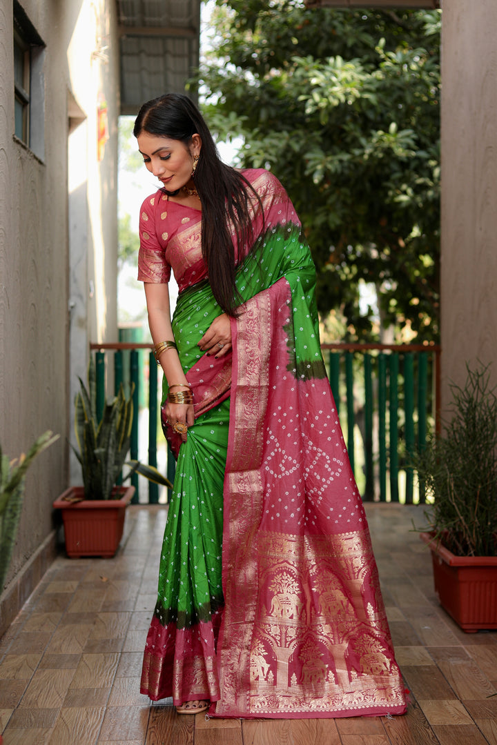 Light Green Vahini Pure Bandhej Silk Saree With Bandhej Border & Zari Weaving Rich Tissue Pallu