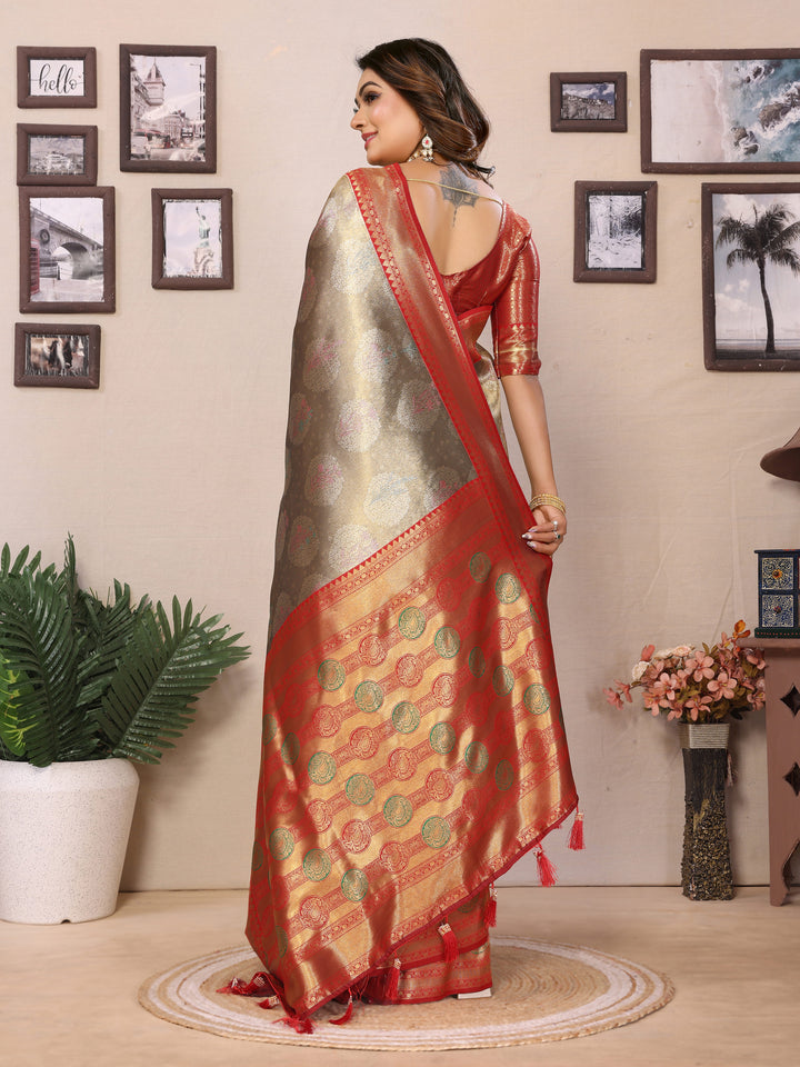 Gray Sonali Banarasi Silk Saree With Contrast Paithani Woven Borders & Pallu