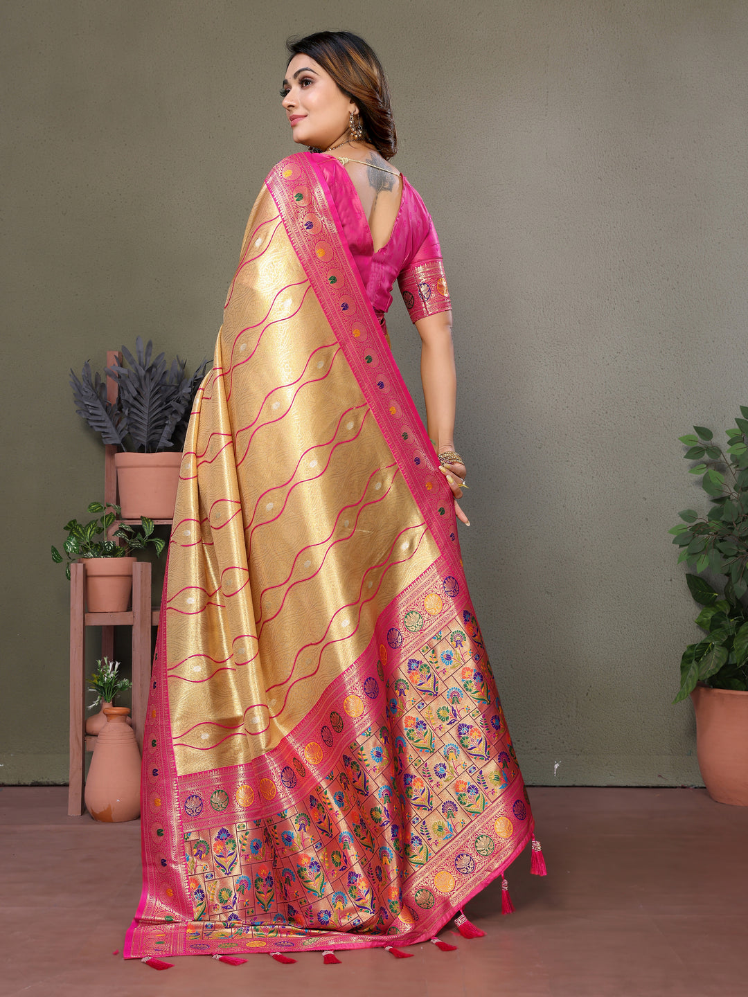 Yellow-Pink Vasant Banarasi Tissue Silk Saree With Laheriya Woven Borders & Contrast Banarasi Pallu