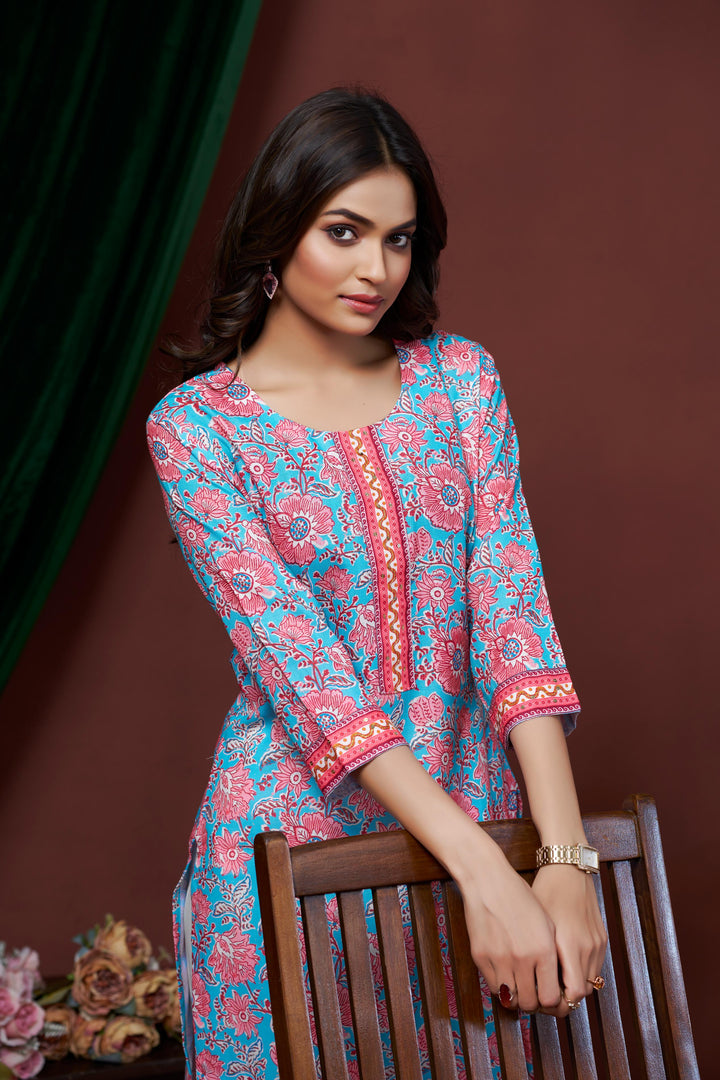 Blue And Pink Color Cotton Lilen With Print And Embroidery Work Kurti