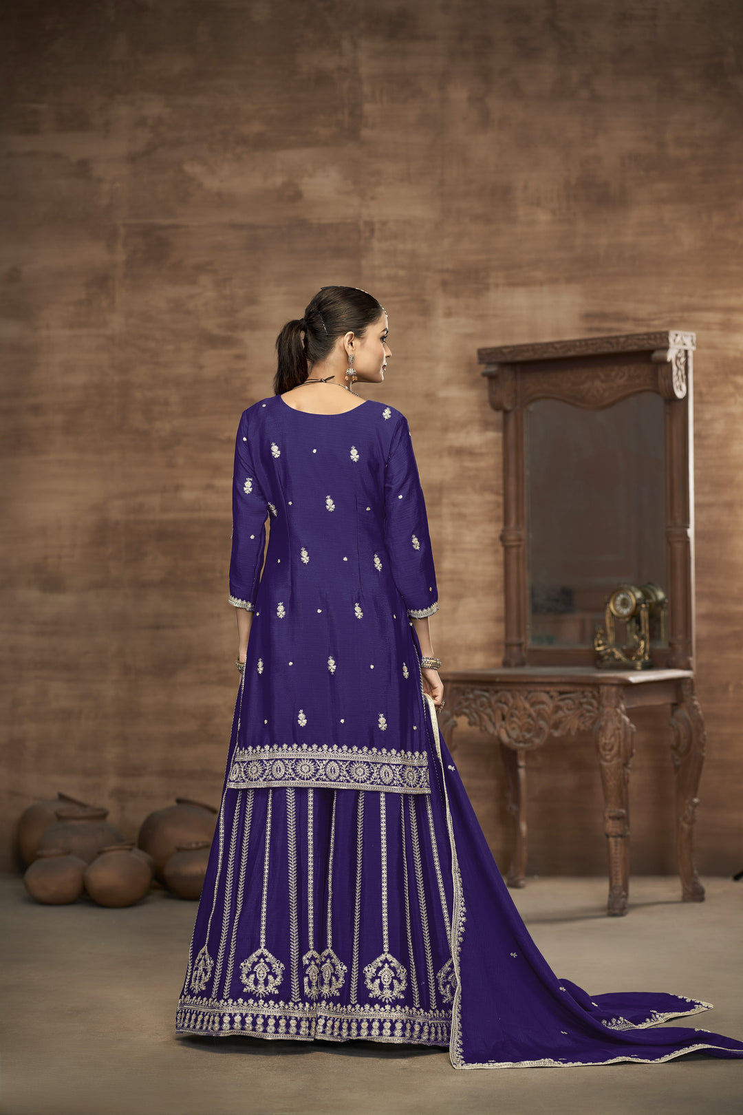 Purple Color Chinnon With Embroidery And Sequins Work Top And Plazo