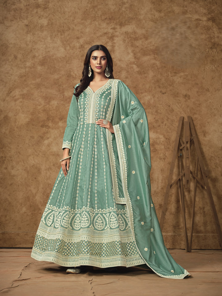 Sea Green Color Dolla Silk With Embroidery And Sequins Work Anarkali Dress