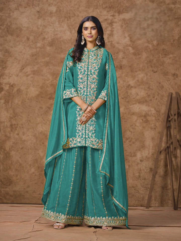 Sea Green Color Chinnon With Embroidery And Sequins Work Top And Plazo