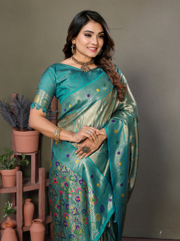 Sky Blue Vasant Banarasi Tissue Silk Saree With Laheriya Woven Borders & Contrast Banarasi Pallu