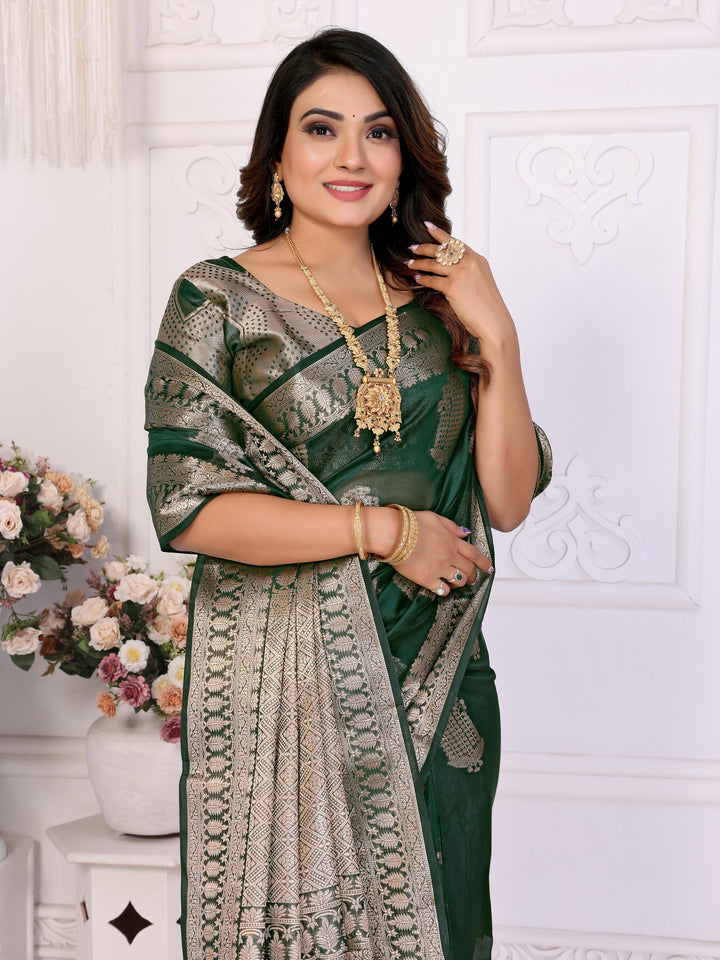 Dark Green Vanshika Soft Organza Silk Banarasi Saree With Unique Butta With Unique Colours