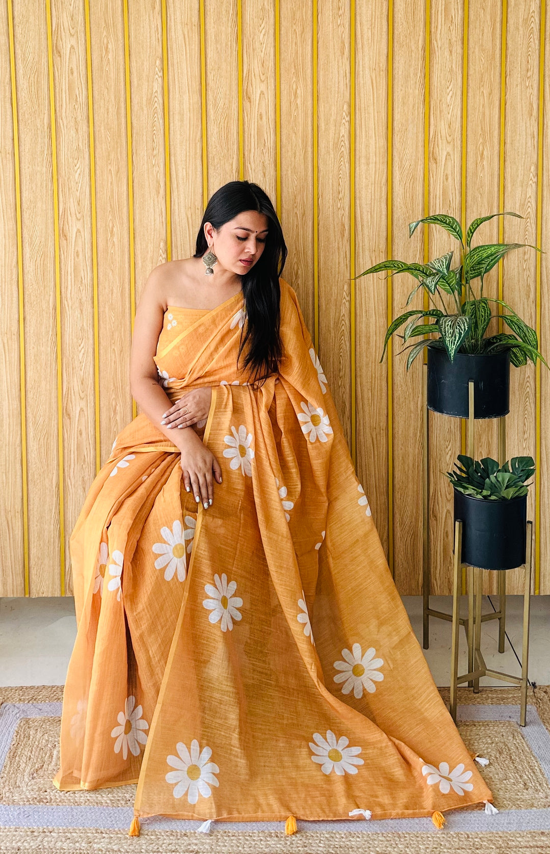 Yellow Champa-1 Soft Linen Cotton Digital Print Sarees With Flower Print & Printed Pallu
