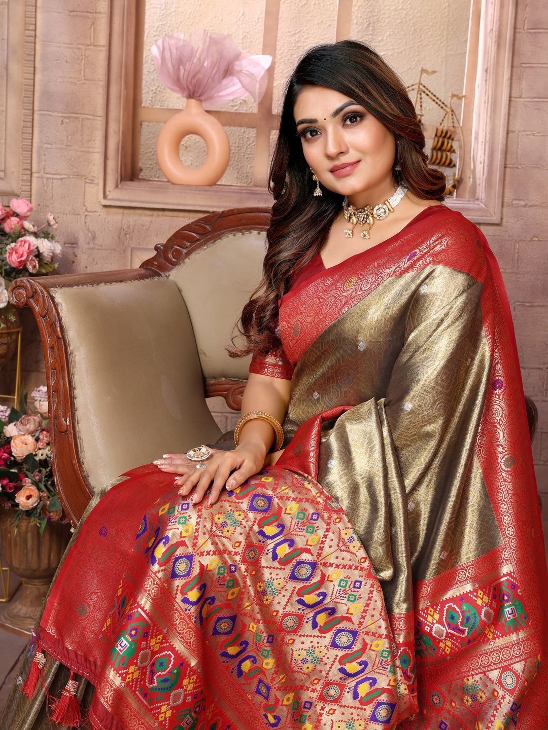 Beige-Red Vimala Banarasi Silk Saree With Contrast Paithani Woven Borders & Pallu