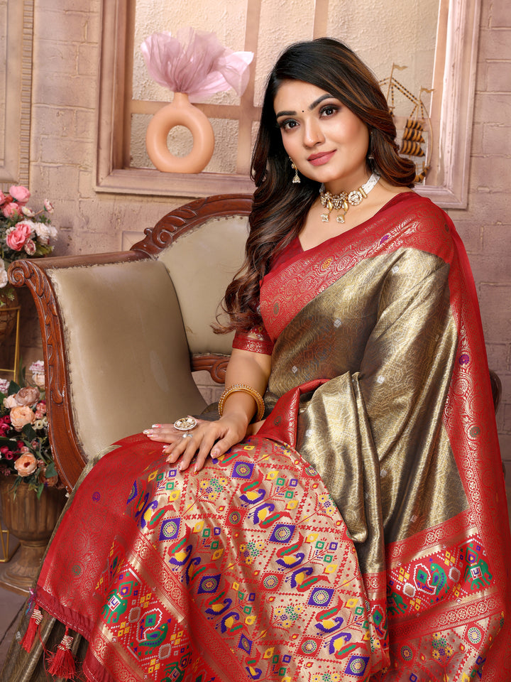 Beige-Red Vimala Banarasi Silk Saree With Contrast Paithani Woven Borders & Pallu