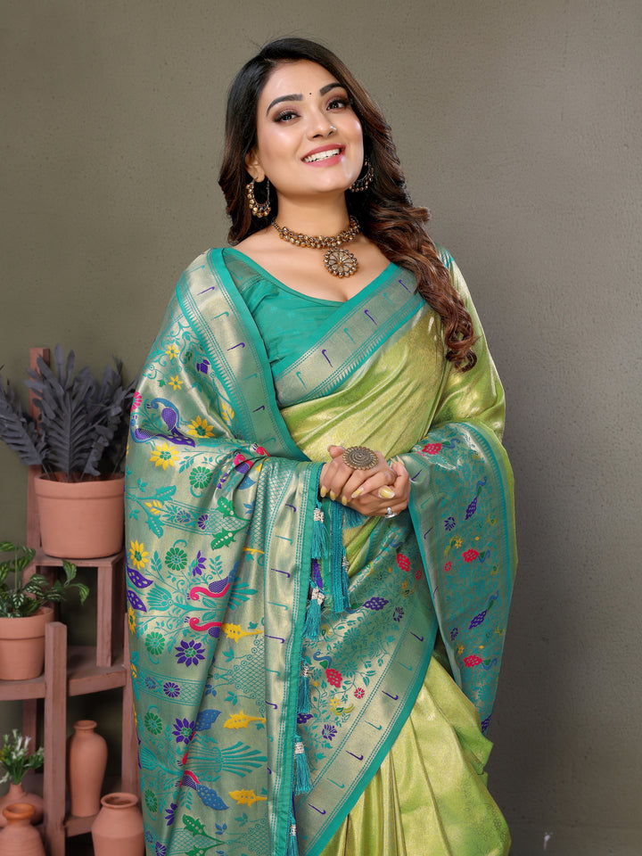 Green Mrudangi Pure Banarasi Tissue silk sarees contrast Paithani woven border classic pallu