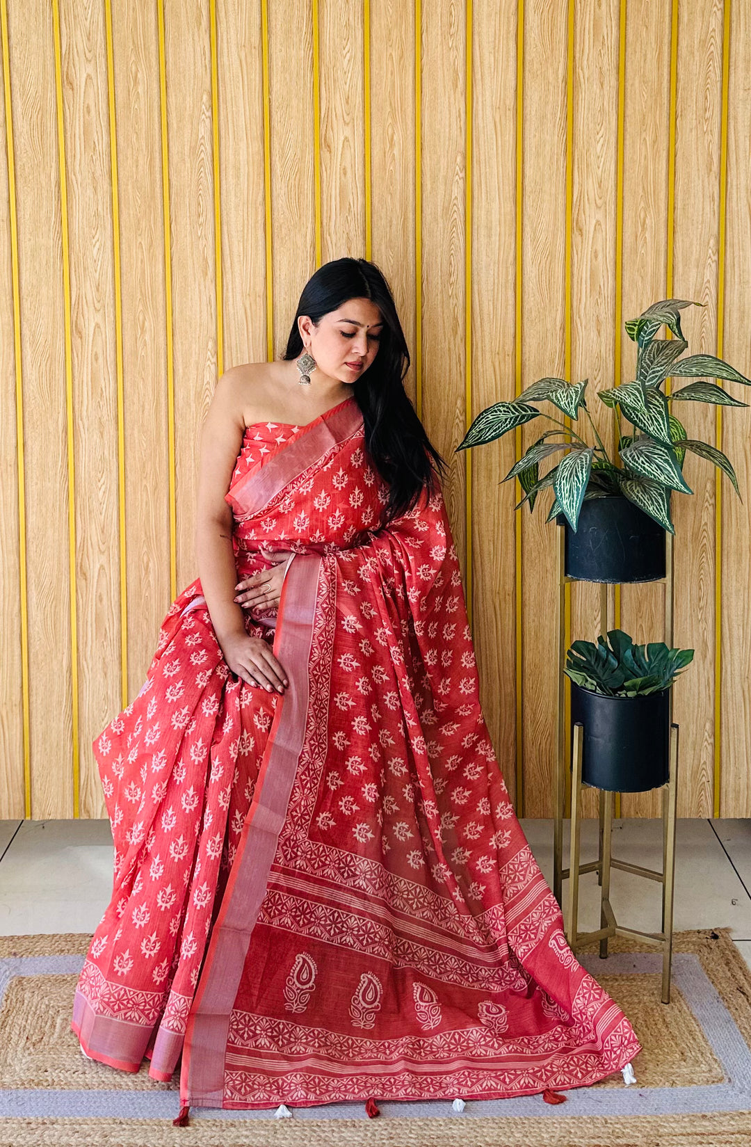 Orange Aarya-1 Soft Linen Cotton Digital Print Sarees With Batik Print With Silver Border