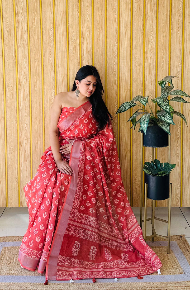 Orange Aarya-1 Soft Linen Cotton Digital Print Sarees With Batik Print With Silver Border