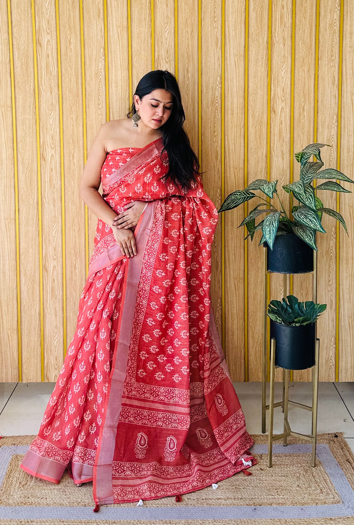 Orange Aarya-1 Soft Linen Cotton Digital Print Sarees With Batik Print With Silver Border