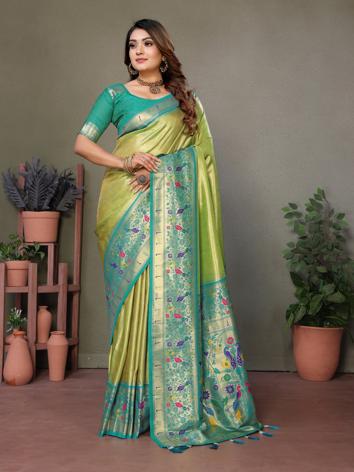 Green Mrudangi Pure Banarasi Tissue silk sarees contrast Paithani woven border classic pallu