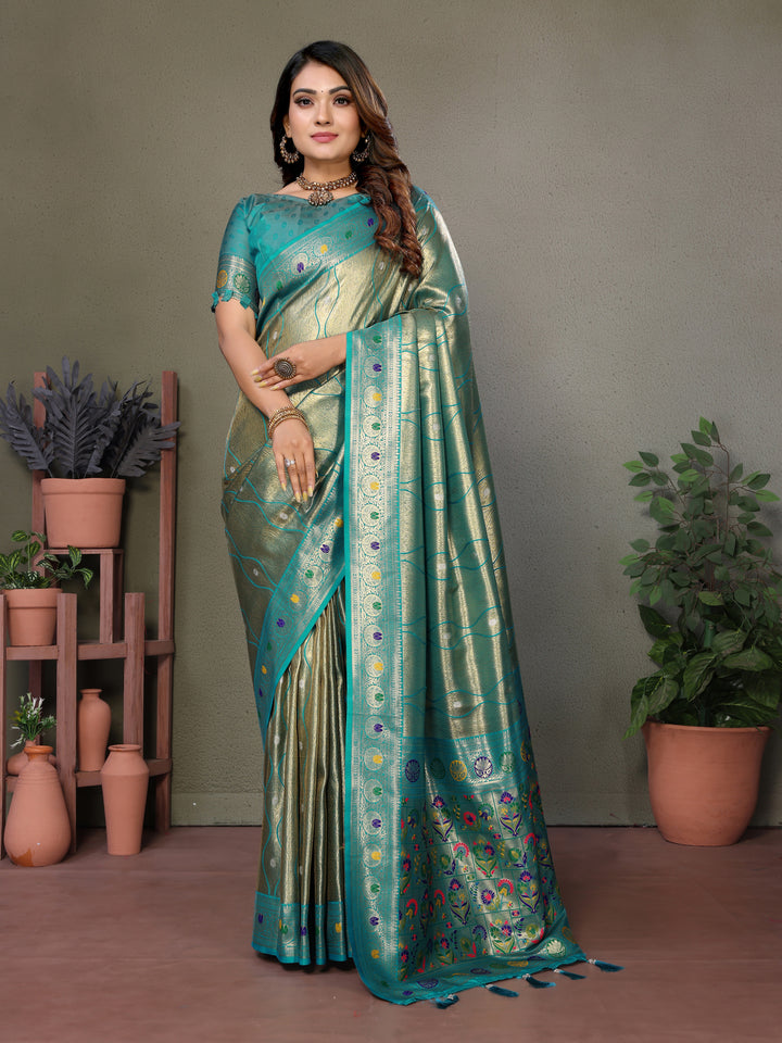 Sky Blue Vasant Banarasi Tissue Silk Saree With Laheriya Woven Borders & Contrast Banarasi Pallu