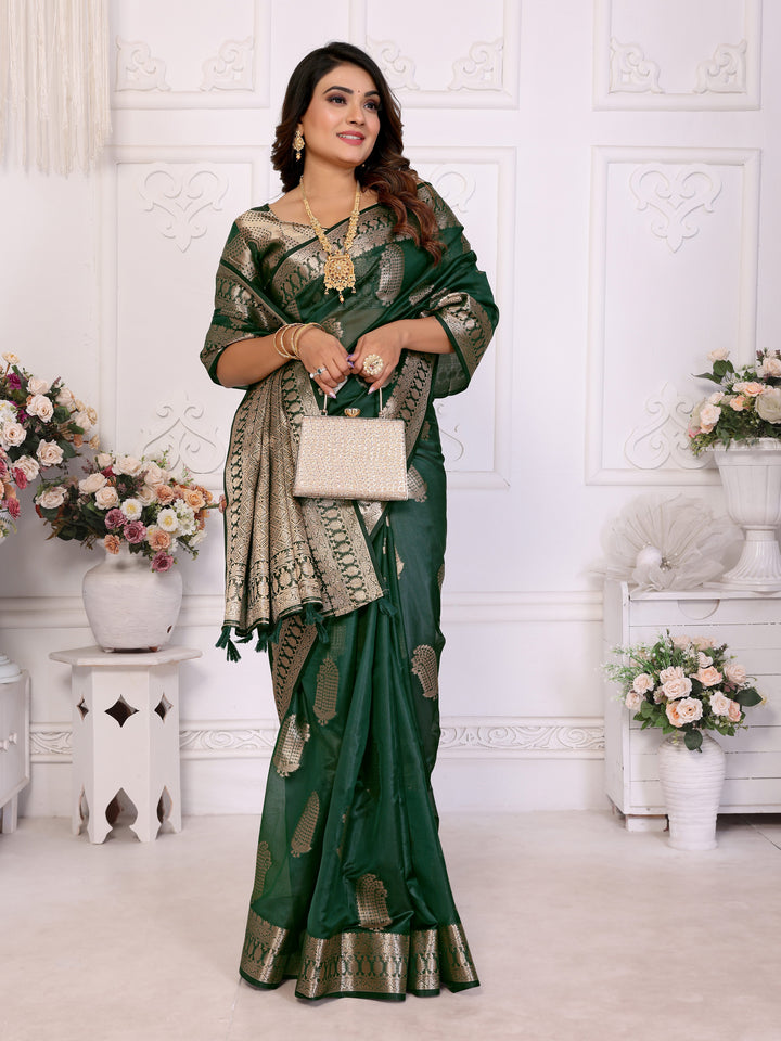 Dark Green Vanshika Soft Organza Silk Banarasi Saree With Unique Butta With Unique Colours