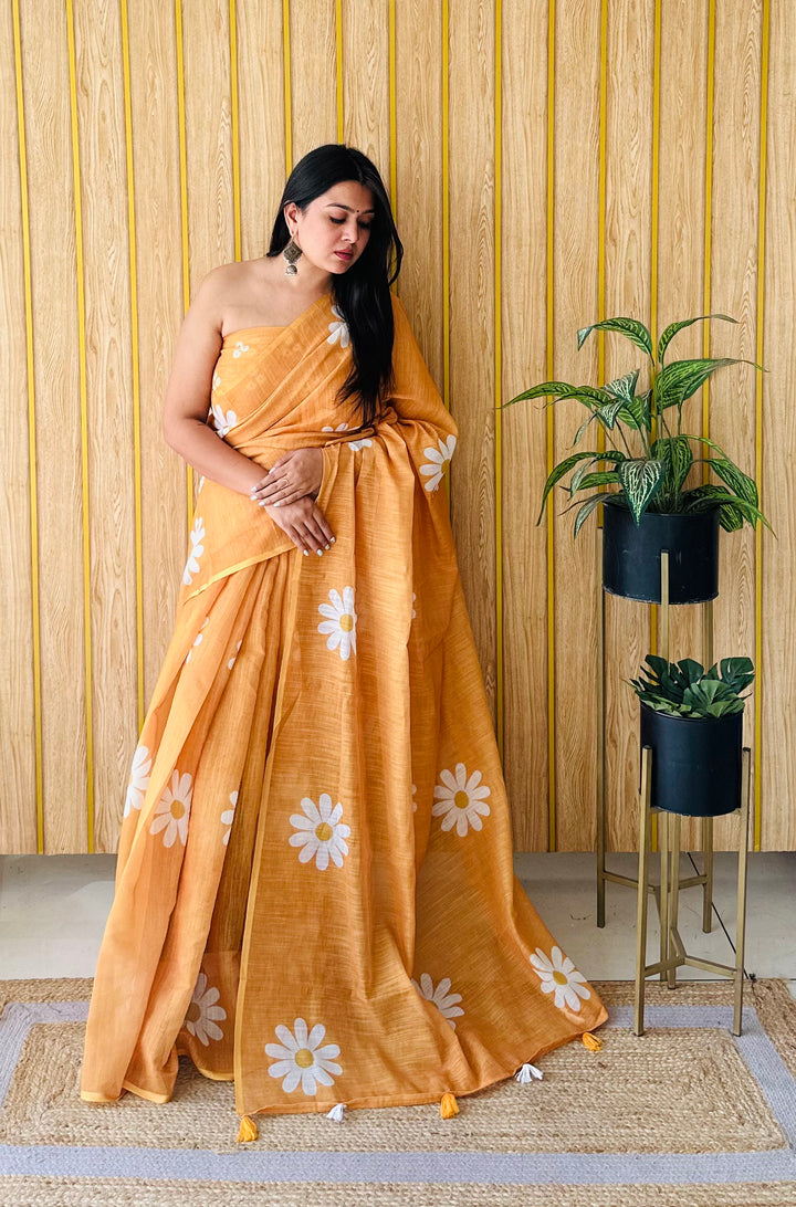 Yellow Champa-1 Soft Linen Cotton Digital Print Sarees With Flower Print & Printed Pallu