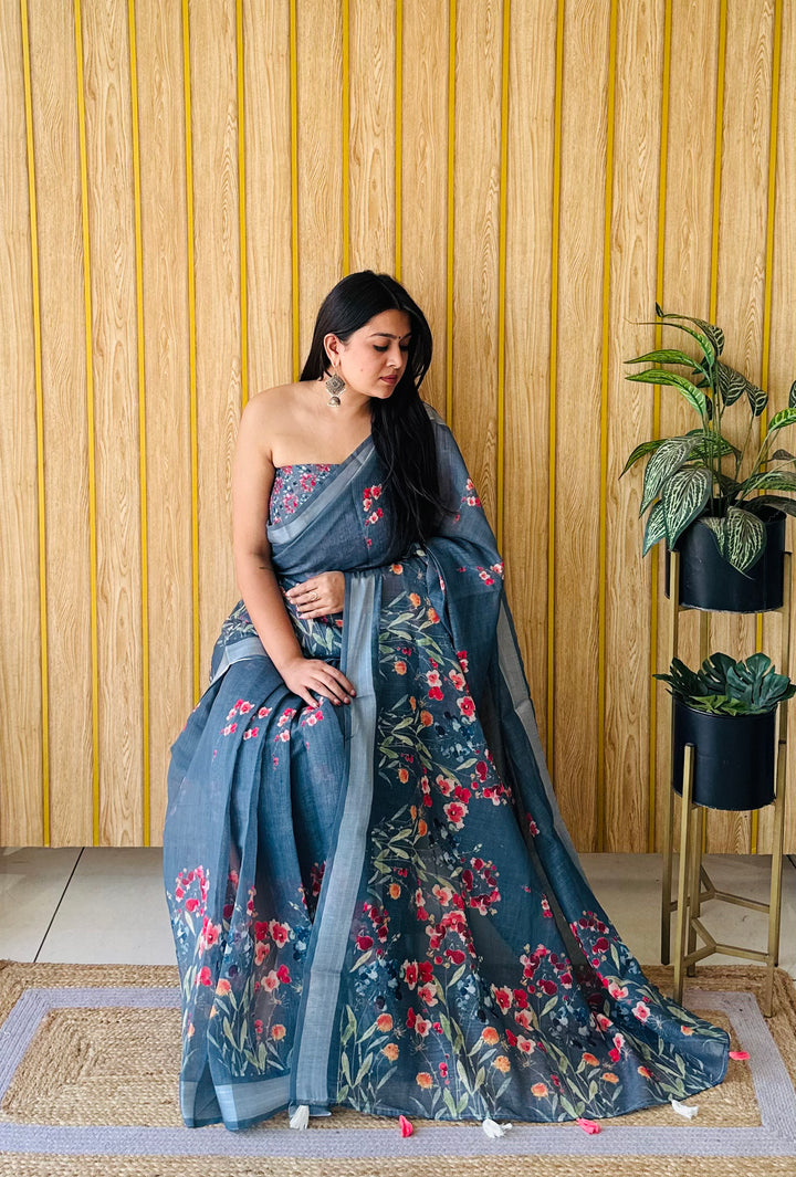 Dark Gray Ritika Soft Linen Cotton Digital Print Saree With Batik Print With Silver Border
