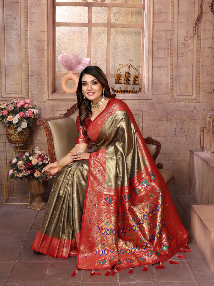 Beige-Red Vimala Banarasi Silk Saree With Contrast Paithani Woven Borders & Pallu