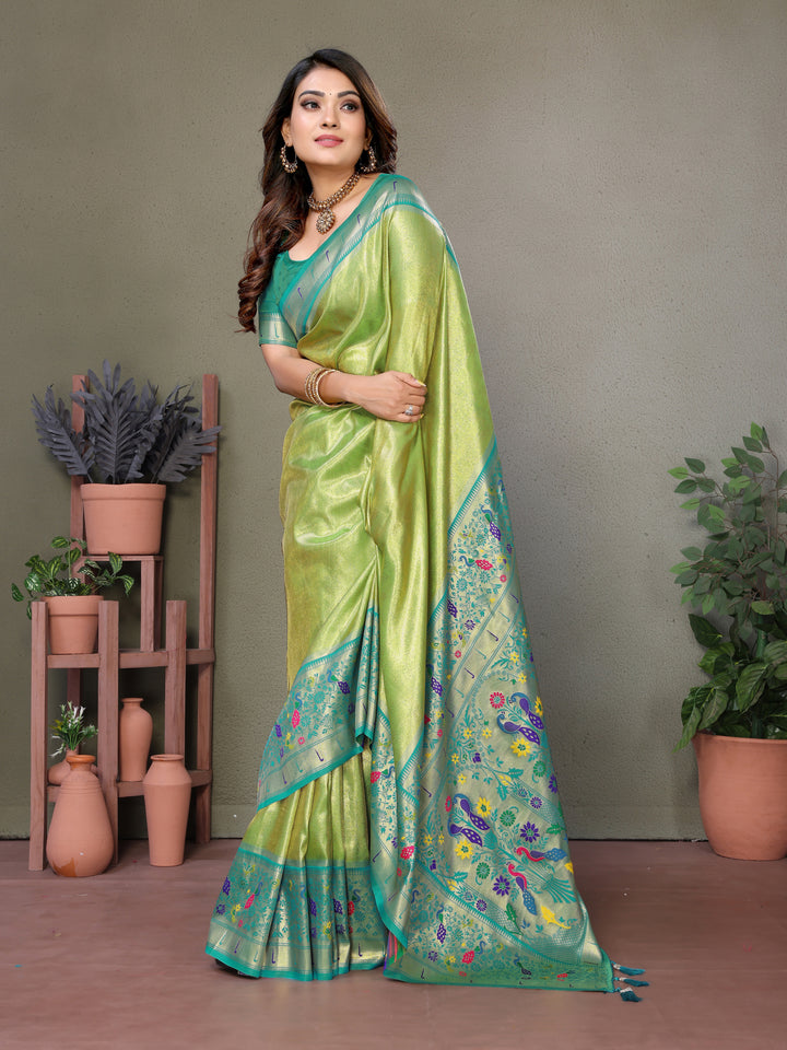 Green Mrudangi Pure Banarasi Tissue silk sarees contrast Paithani woven border classic pallu
