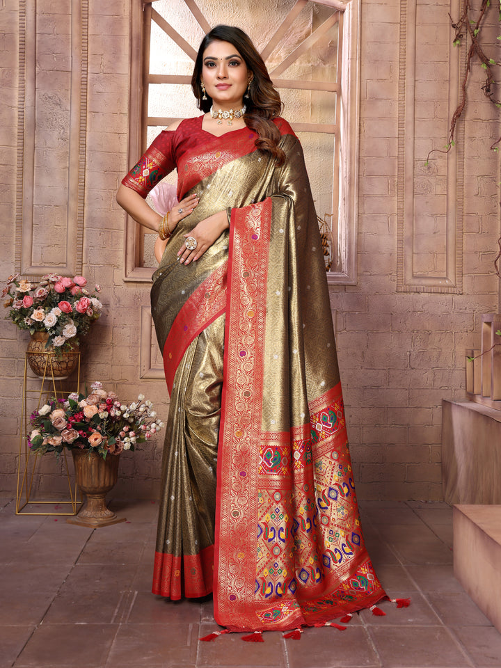 Beige-Red Vimala Banarasi Silk Saree With Contrast Paithani Woven Borders & Pallu