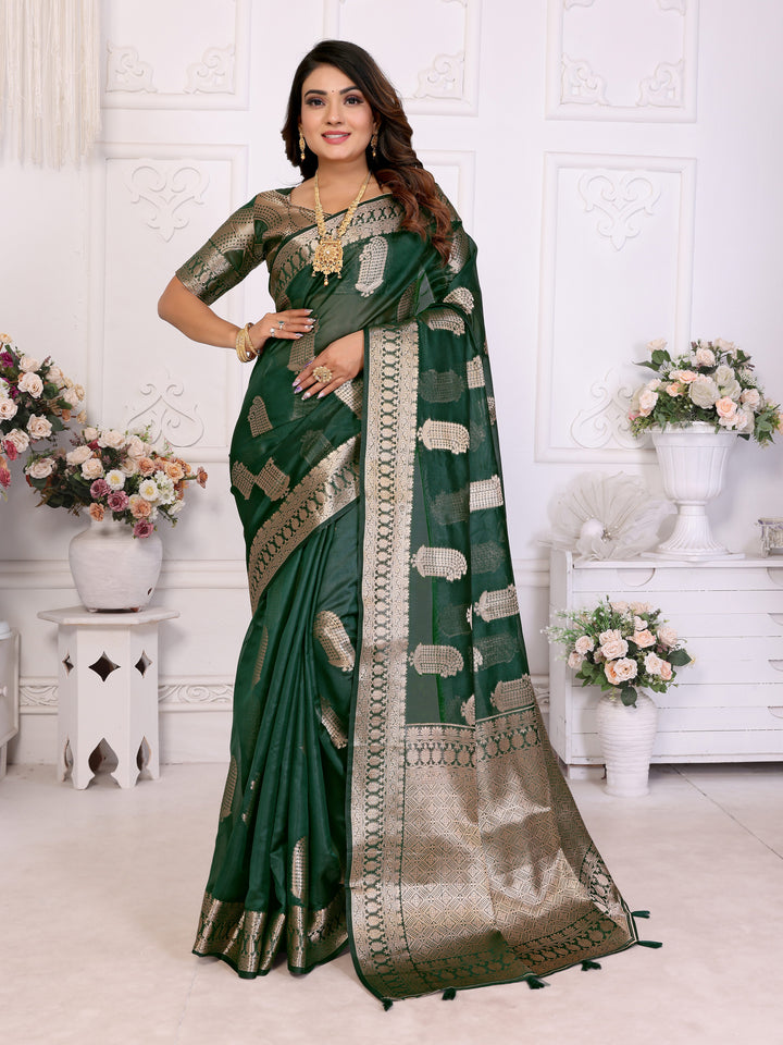 Dark Green Vanshika Soft Organza Silk Banarasi Saree With Unique Butta With Unique Colours