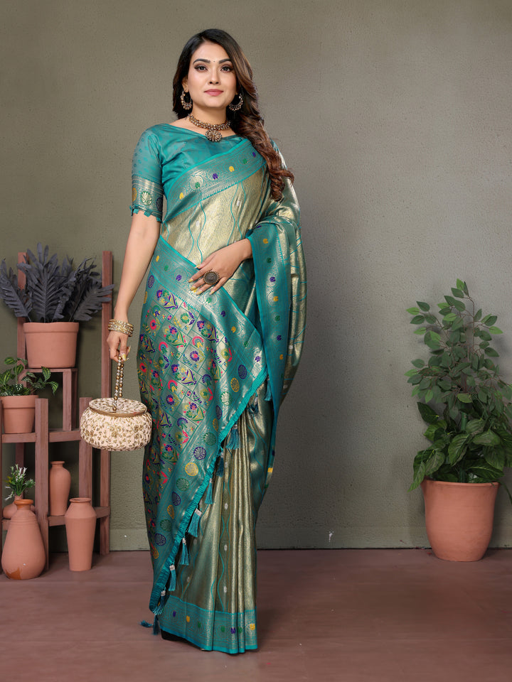 Sky Blue Vasant Banarasi Tissue Silk Saree With Laheriya Woven Borders & Contrast Banarasi Pallu