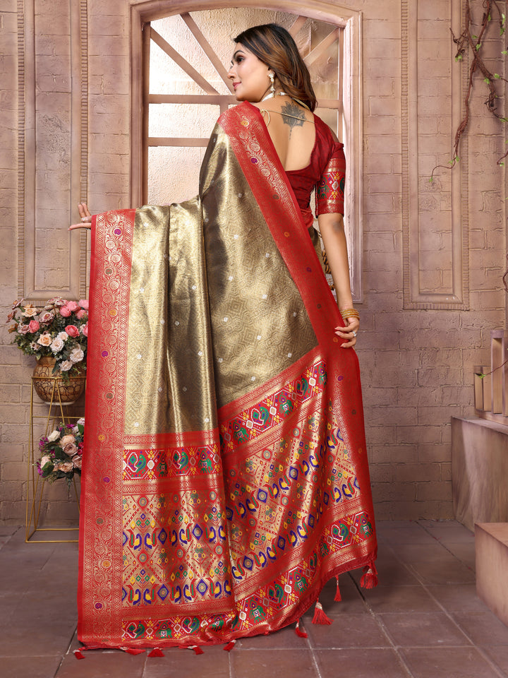 Beige-Red Vimala Banarasi Silk Saree With Contrast Paithani Woven Borders & Pallu